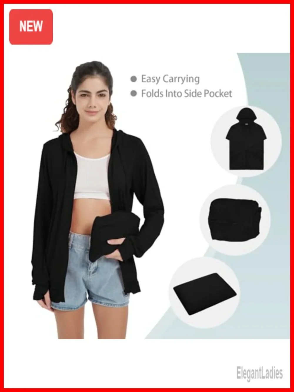 Lightweight Zip Up Hoodie with Thumb Holes, Foldable, Rayon Spandex